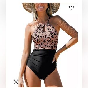 Cupshe modest leopard one piece swimsuit high neck cutout slimming black XS NWT